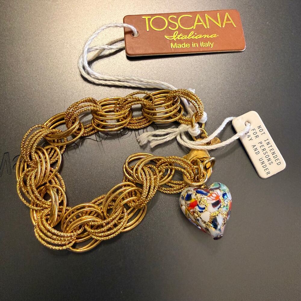 Toscana Italy 18k Gold Plated Bracelet w/Murano Glass Heart